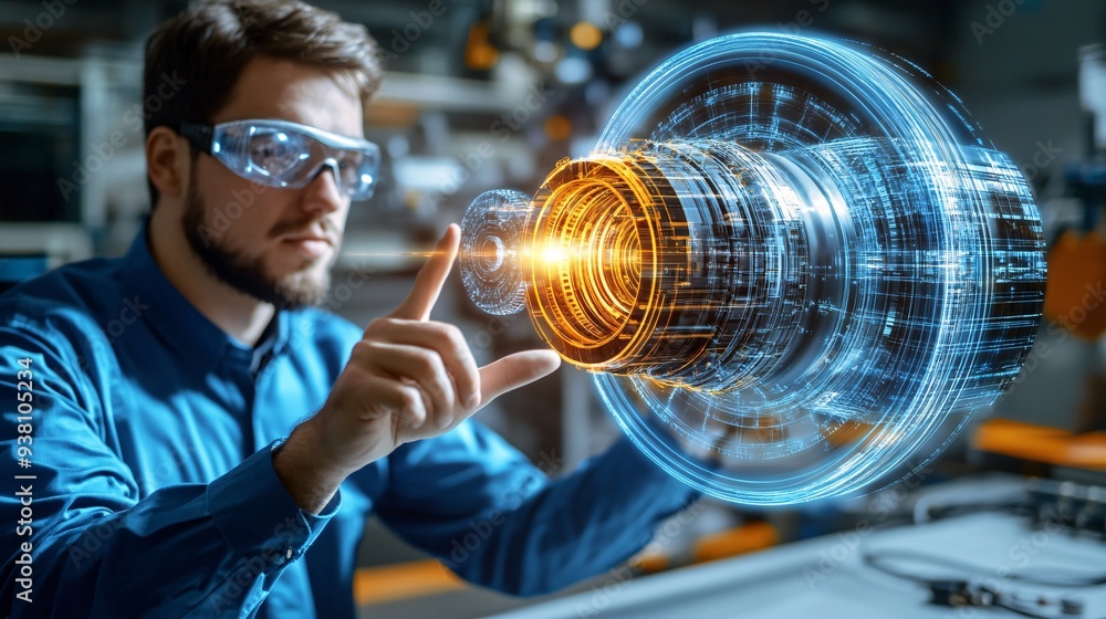 Poster A dynamic scene of an engineer using hand gestures to manipulate a 3D holographic model of complex machinery suspended in the air illustrating the precision and control in modern engineering design