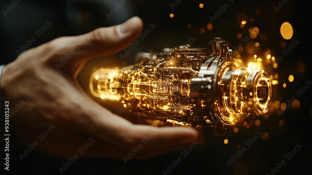 Poster A dynamic scene of an engineer using hand gestures to manipulate a 3D holographic model of complex machinery suspended in the air illustrating the precision and control in modern engineering design