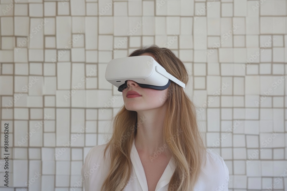 Poster woman posing with a vr headset in a modern minimalist setting highlighting the intersection of desig