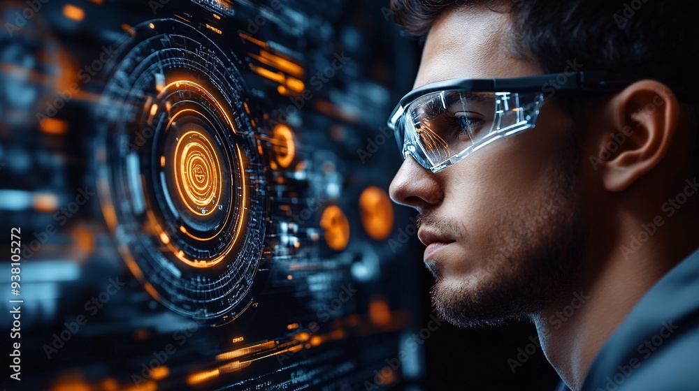 Poster A side profile of an engineer intensely focused on a glowing 3D holographic projection of an intricate mechanical component capturing the critical attention to detail in technical design work Stock