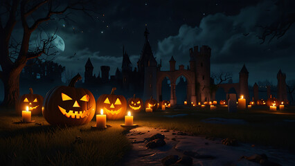 "Spooky Graveyard Night: Pumpkins, Candles, and Haunted Castle"