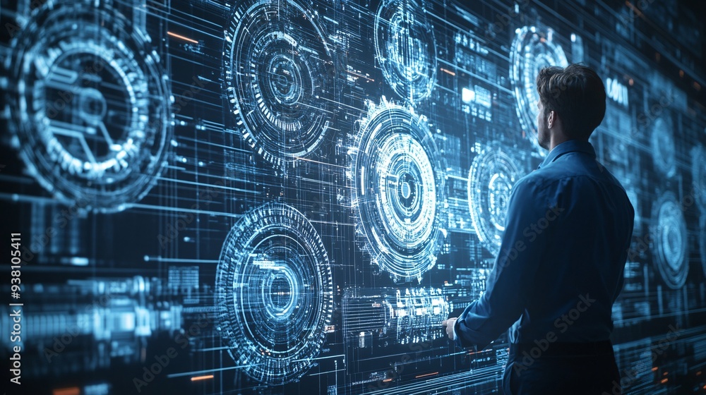 Poster A high-angle shot of an engineer surrounded by floating 3D holographic models of various machinery parts emphasizing the depth of technical detail needed in engineering design Stock Photo with copy