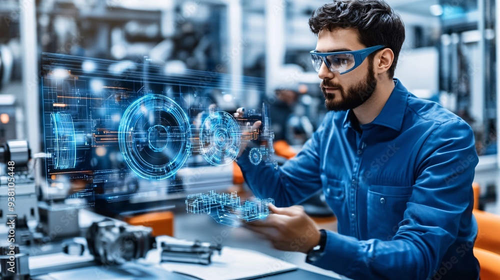 Poster A high-angle shot of an engineer surrounded by floating 3D holographic models of various machinery parts emphasizing the depth of technical detail needed in engineering design Stock Photo with copy