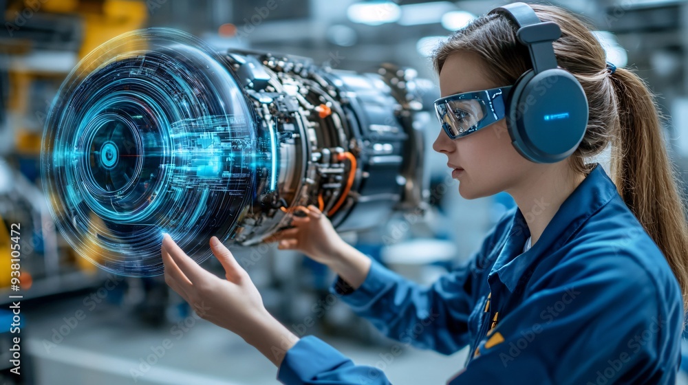 Aufkleber An engineer collaborating with a colleague in front of a 3D holographic representation of complex mechanical systems highlighting the teamwork and precision involved in engineering projects Stock