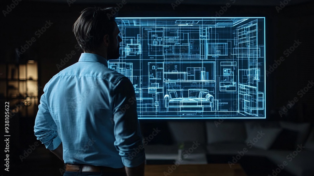 Poster An interior designer gazing intently at a 3D hologram of a fully furnished living room floating in front of them demonstrating the use of advanced technology in space planning Stock Photo with copy