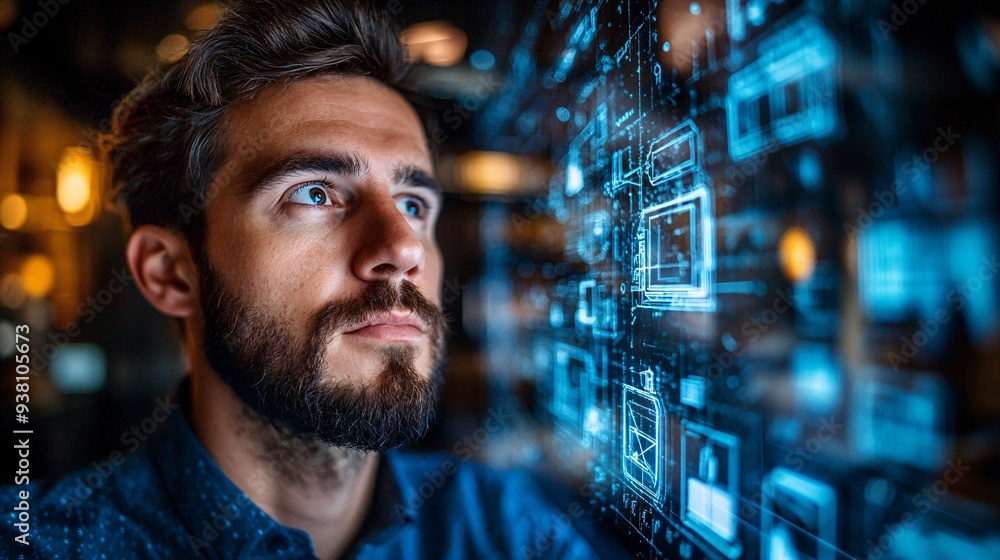 Poster An interior designer gazing intently at a 3D hologram of a fully furnished living room floating in front of them demonstrating the use of advanced technology in space planning Stock Photo with copy