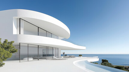White luxury modern villa with beautiful sea view, minimalist curve line design, scene for car presentation