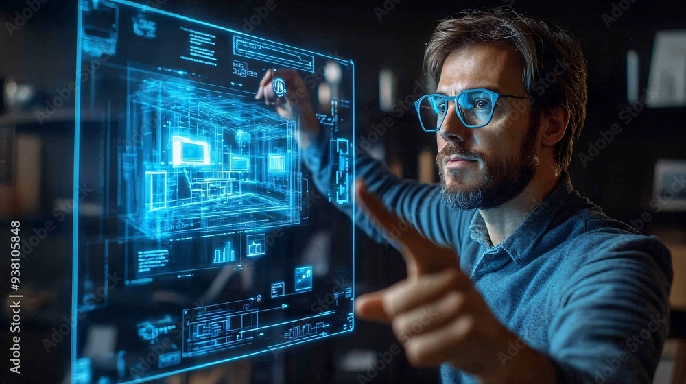 Aufkleber An interior designer in a high-tech studio interacting with a 3D hologram of a spacious office setup floating mid-air emphasizing the innovative use of holograms in visualizing room layouts Stock