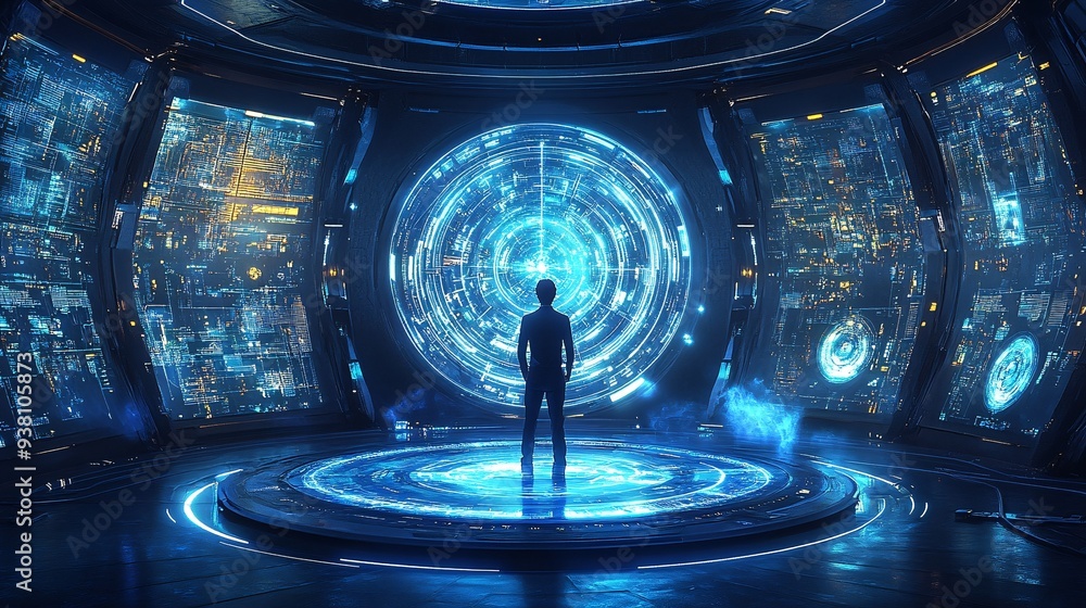 Poster a futuristic scene of an interior designer surrounded by multiple 3d holographic projections of diff