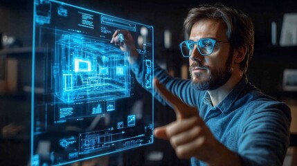 An interior designer in a high-tech studio interacting with a 3D hologram of a spacious office setup floating mid-air emphasizing the innovative use of holograms in visualizing room layouts Stock