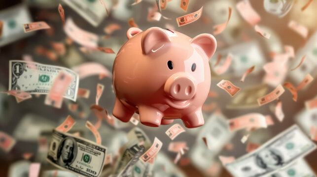3d piggy bank in financial windfall concept with flying money