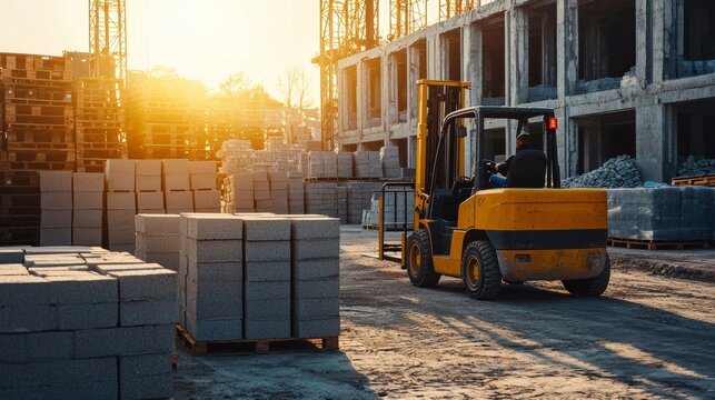 Portable Forklift working in concrete bricks storage factory