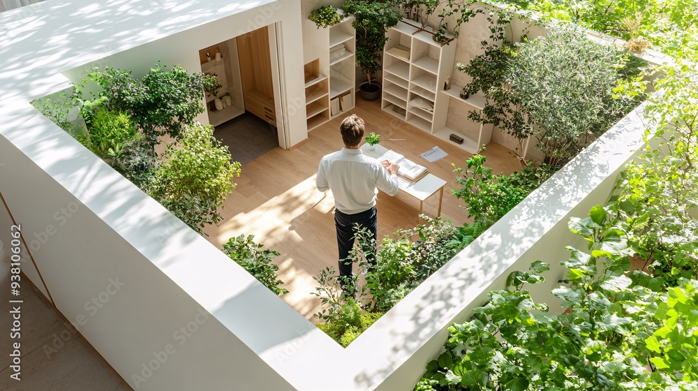 Poster An overhead view of an interior designer working with a floating 3D hologram of a fully furnished apartment showcasing the comprehensive visualization of space and design elements Stock Photo with