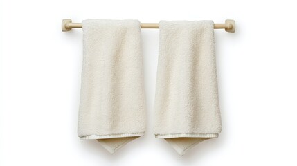 Two white towels hanging on a wooden towel rack against a white background.