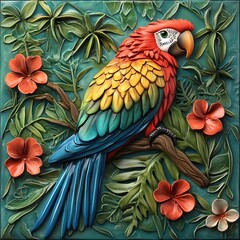 Obraz premium 112. **A lifelike 3D render of a ceramic tile art featuring a vibrant parrot