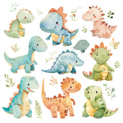 Cute Cartoon Dinosaurs in Playful Poses Surrounded on Isolated Background