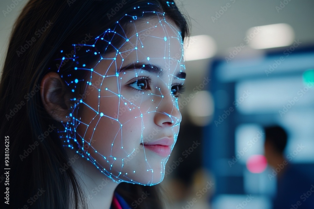 Poster close up of a woman with digital overlay representing the intersection of human identity and advance