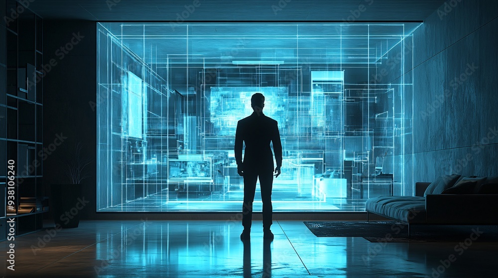 Poster An interior designer standing before a large 3D holographic display of a complete home interior demonstrating the use of holograms to visualize and refine every aspect of a space Stock Photo with