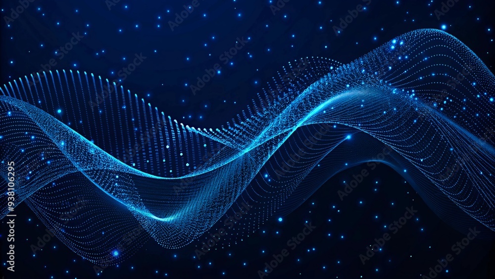 Poster a moving digital 3d wave. futuristic dark background with dynamic blue particles. the concept of big