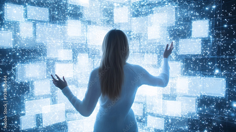 Aufkleber A dynamic shot of an interior designer using gestures to rotate and explore a 3D holographic model of a cozy bedroom capturing the interactive and immersive experience of modern design visualization