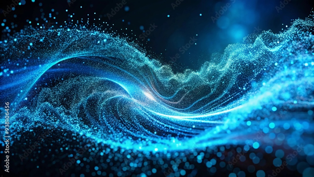 Poster a moving digital 3d wave. futuristic dark background with dynamic blue particles. the concept of big