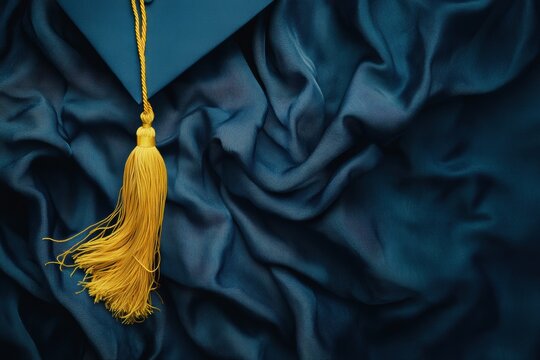Elegant graduation cap with gold tassel on blue fabric background