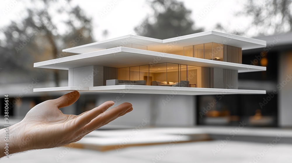 Poster a designers hand reaches out to adjust a 3d holographic model of a luxury living room suspended in t