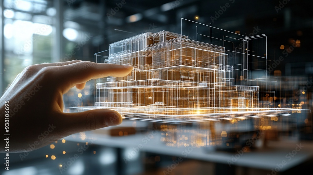 Poster a designers hand reaches out to adjust a 3d holographic model of a luxury living room suspended in t