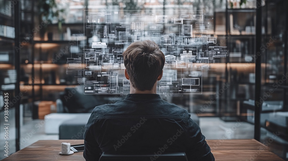 Poster a futuristic scene of an interior designer working with a floating 3d hologram of a modern open-plan