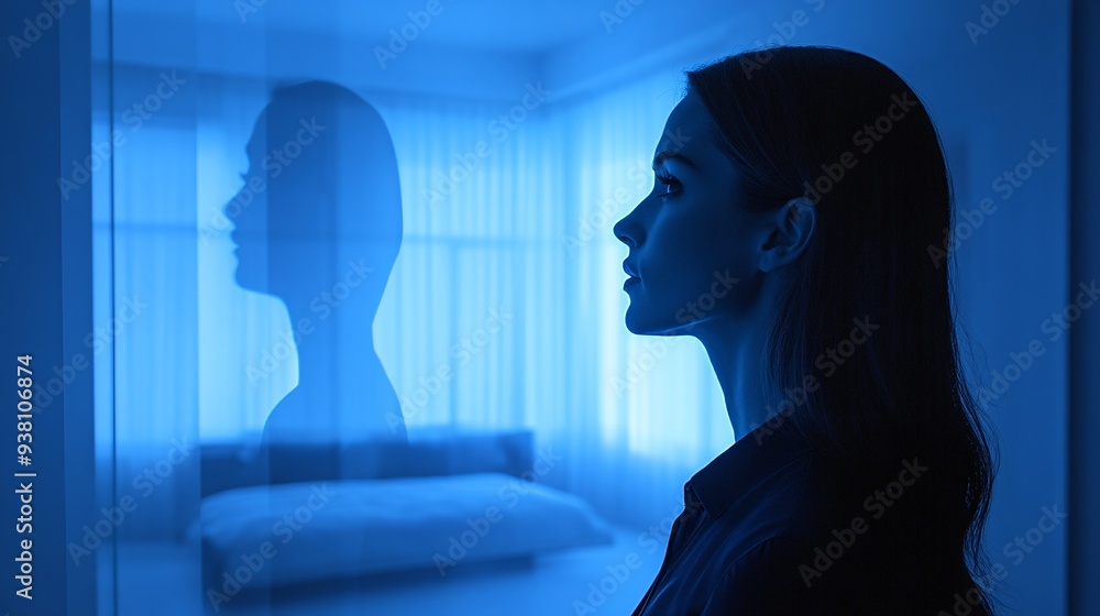 Poster an interior designer stands before a vivid 3d holographic projection of a stylish bedroom that appea