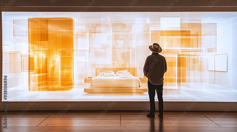 Fototapete an interior designer stands before a vivid 3d holographic projection of a stylish bedroom that appea