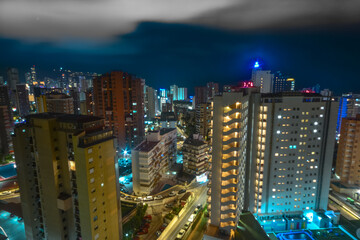 View of Bebidorm from the top of a tall building at night, Alicante, Benidorm