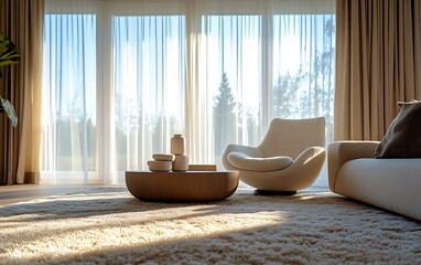 Cozy Living Room with Diffused Afternoon Light and Soft Shadows