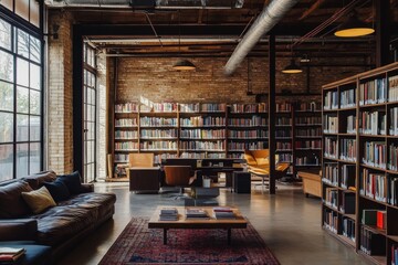 A modern, industrial-chic library with exposed brick, metal beams, and a sleek, minimalist aesthetic 