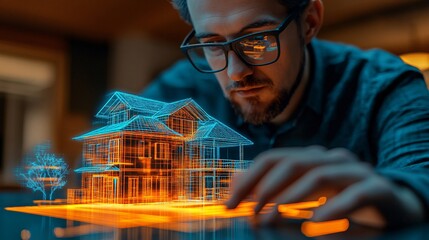 A close-up of an interior designer interacting with a 3D hologram of a cozy, fully furnished room highlighting the detailed attention to spatial arrangement and decor in modern design Stock Photo