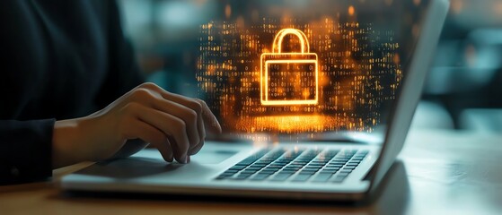 Person interacting with compliance icon on laptop screen, emphasizing enforcement of business laws and adherence to standards