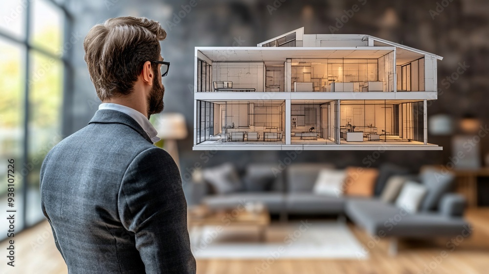 Aufkleber A side view of an interior designer immersed in the details of a floating 3D holographic room layout highlighting the innovative methods used to perfect interior design concepts Stock Photo with copy