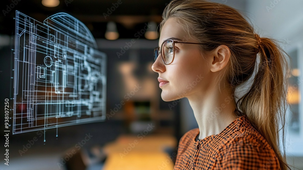 Poster A side view of an interior designer immersed in the details of a floating 3D holographic room layout highlighting the innovative methods used to perfect interior design concepts Stock Photo with copy