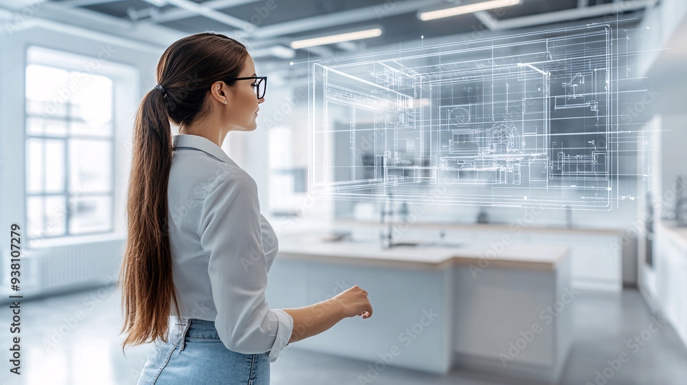 Poster a side view of an interior designer immersed in the details of a floating 3d holographic room layout