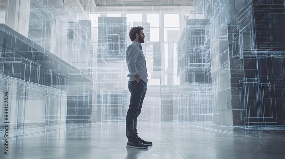Poster a side view of an interior designer immersed in the details of a floating 3d holographic room layout