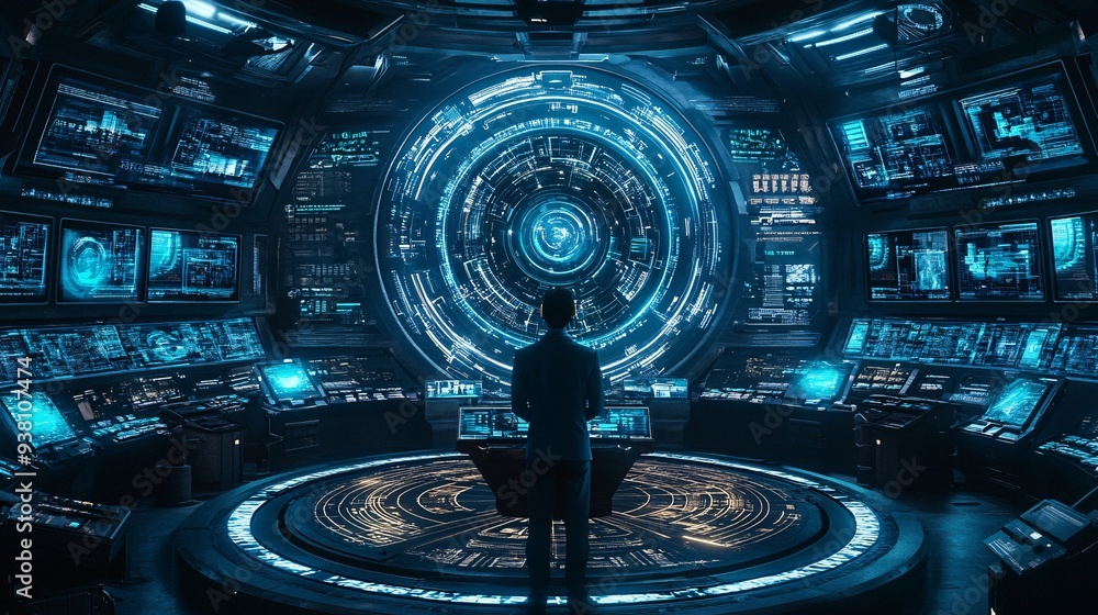 Aufkleber An interior designer surrounded by multiple floating 3D holograms of different room designs creating a dynamic environment where space layouts are visualized and adjusted in real-time Stock Photo