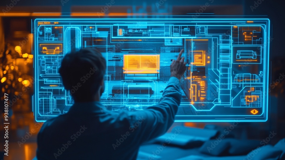 Aufkleber an interior designer interacts with a 3d hologram of a fully furnished apartment highlighting the us