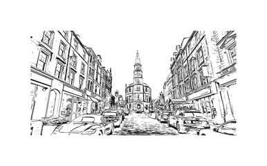 Print Building view with landmark of Stirling is the city in UK. Hand drawn sketch illustration in vector.