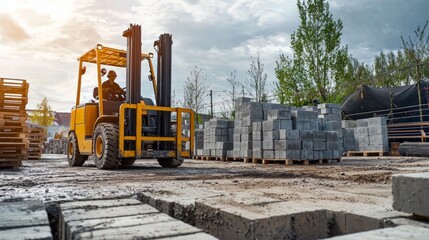 Obraz premium Portable Forklift working in concrete bricks storage factory
