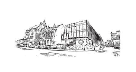 Print Building view with landmark of Stirling is the city in UK. Hand drawn sketch illustration in vector.