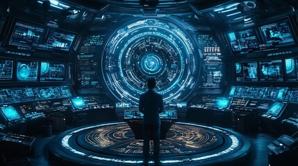 An interior designer surrounded by multiple floating 3D holograms of different room designs creating a dynamic environment where space layouts are visualized and adjusted in real-time Stock Photo