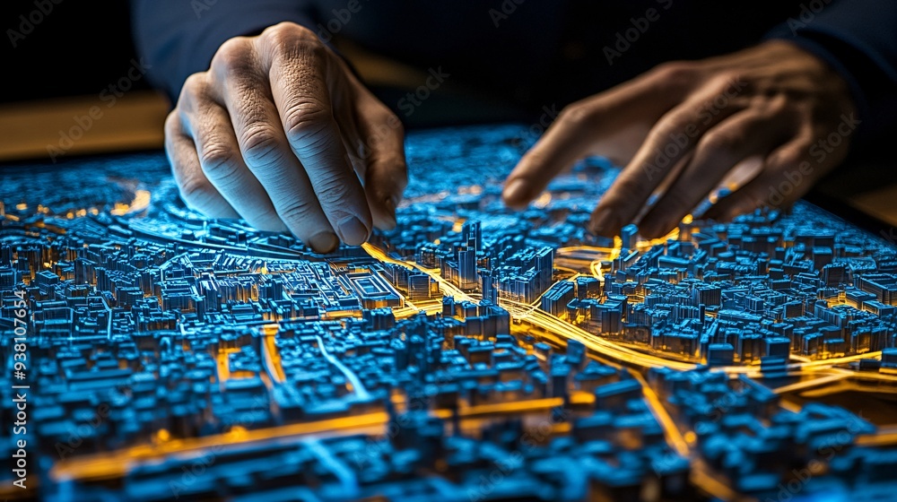Poster a city planner carefully studies a detailed 3d holographic map of an urban area floating in front of