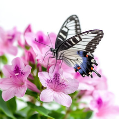 A stunning butterfly perched on vibrant pink flowers, showcasing colorful wings against a soft blurred background.