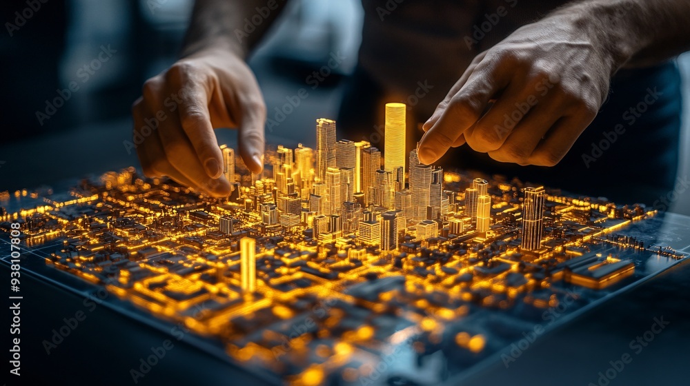 Poster a city planner carefully studies a detailed 3d holographic map of an urban area floating in front of