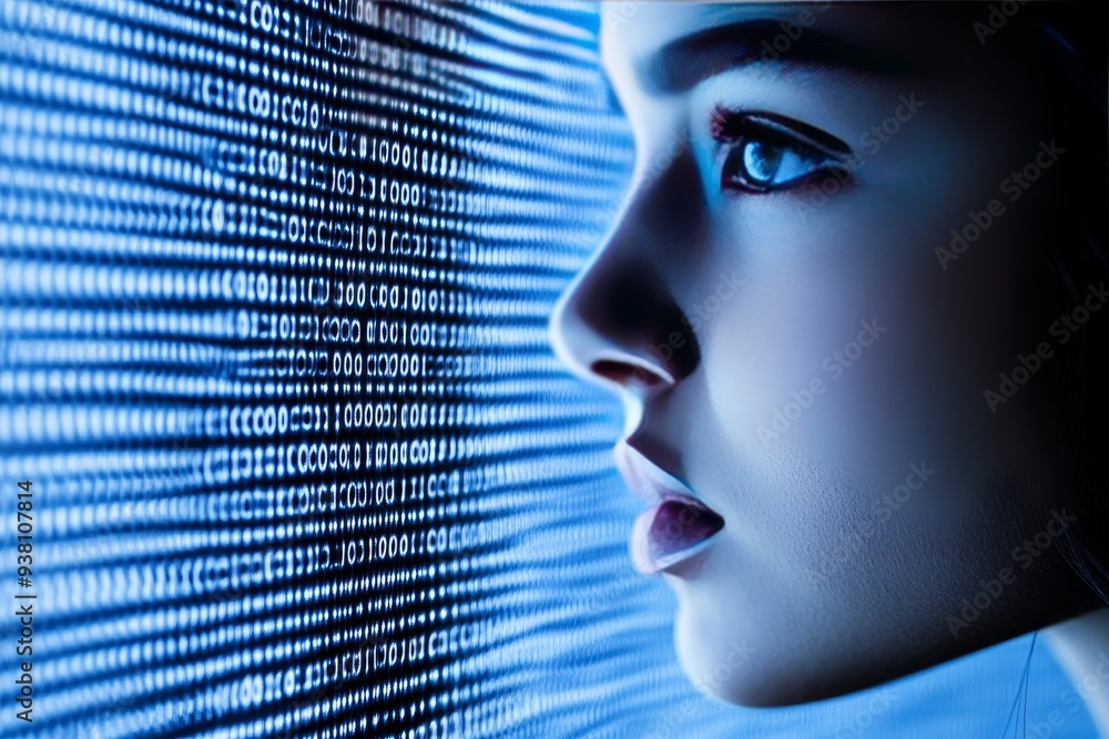 Aufkleber woman with digital data overlay on her face representing the integration of identity and technology 
